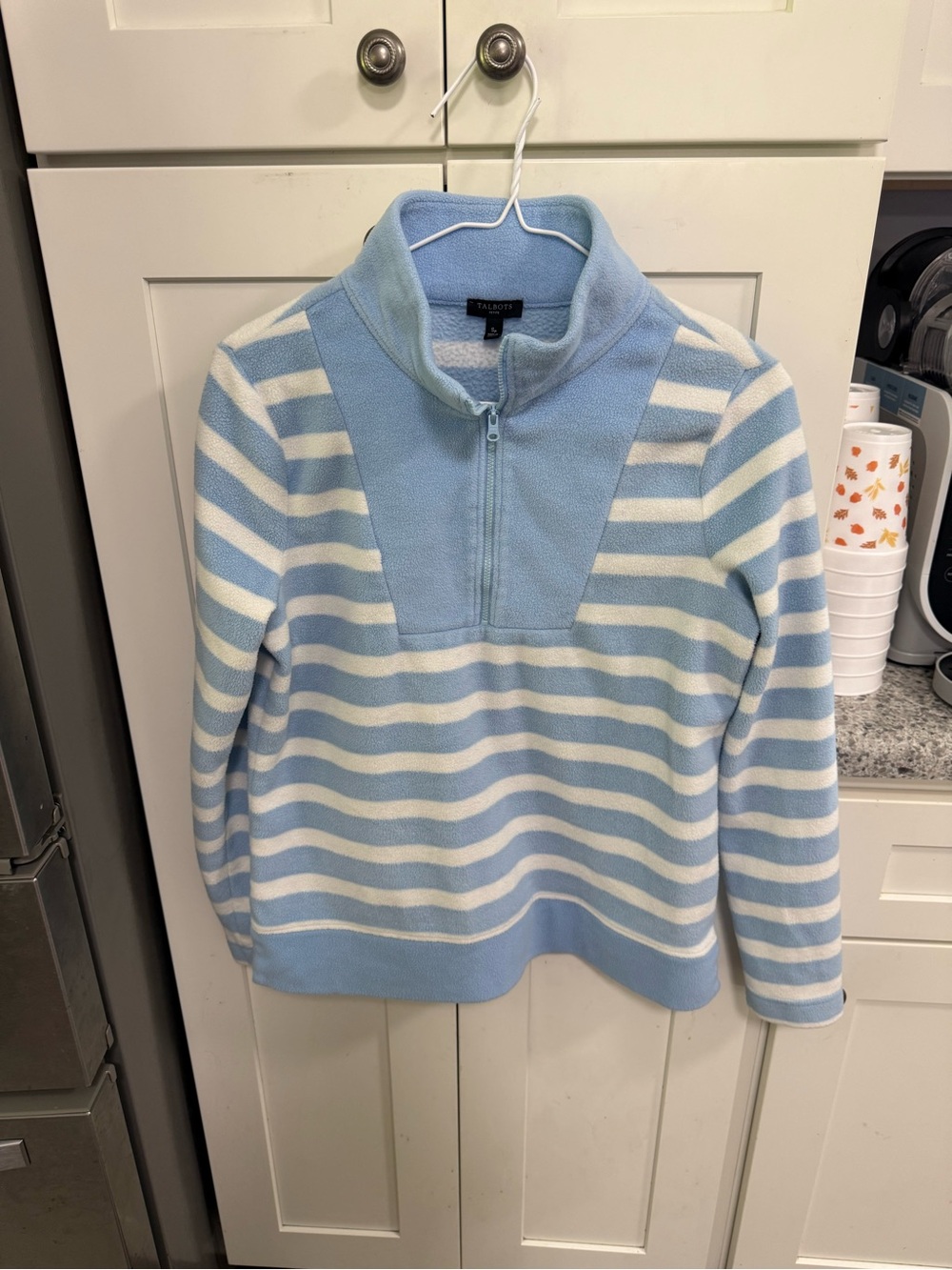 Talbots Light Blue & White Striped Half-Zip Cowl Fleece Pullover
